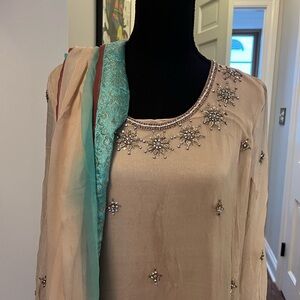 Embellished Beige and Teal Traditional Outfit